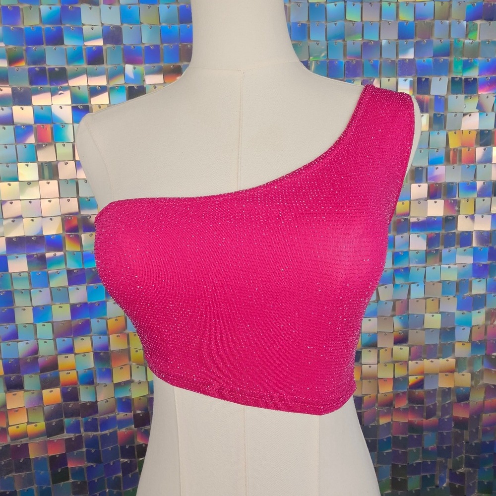 Prettylittlething‎ Hot Pink One Shoulder Sparkly Top